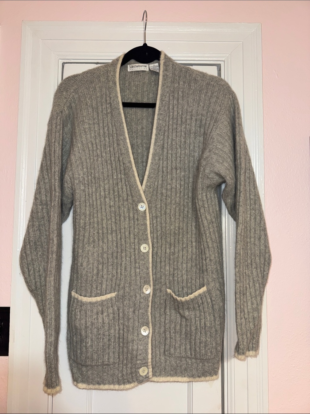 Liz Claiborne Gray Cardigan with Cream Trim